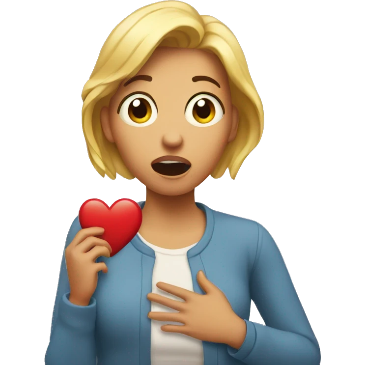 The surprised woman holds onto her heart emoji