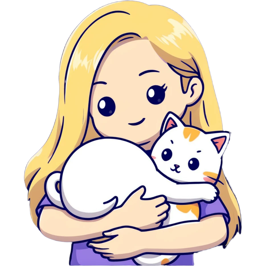 pretty woman with pale skin, very long blonde hair hugging a cat emoji