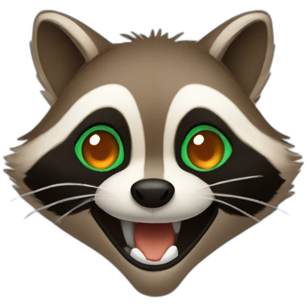 brown raccoon with orange eyes and a dark green hood that is laughing emoji