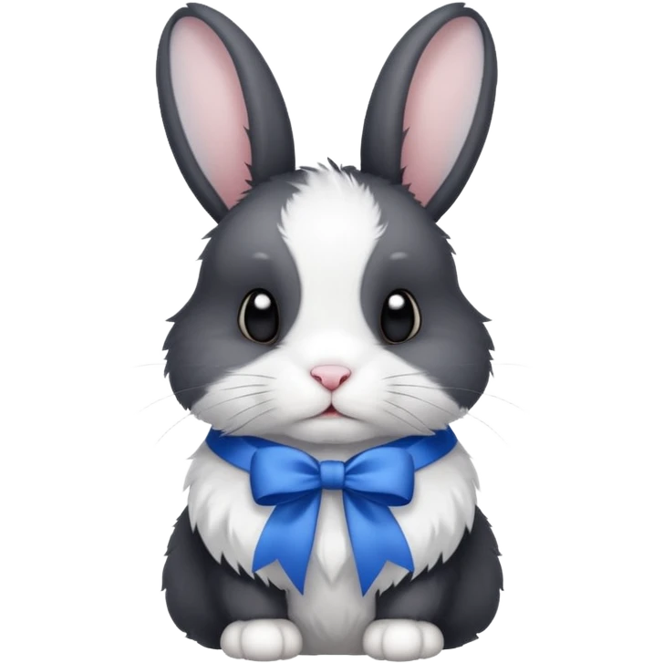 a white and black realistic domestic rabbit with a blue ribbon on its neck emoji