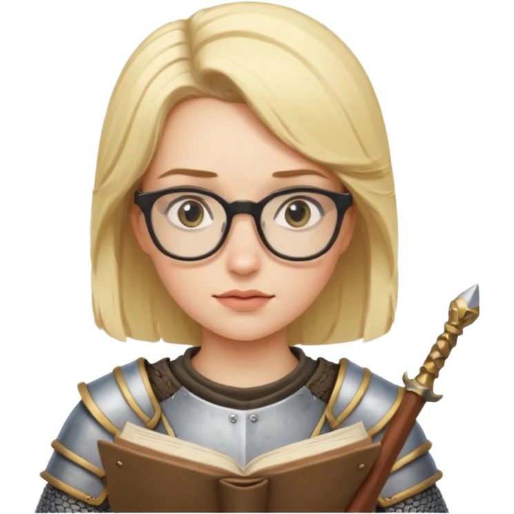 Female knight reading scroll, wearing glasses — curious expression. emoji