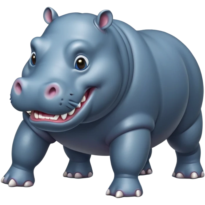 cinematic-hippo-realistic-full-body-side-view-standing-on-all-fours-emoji,-massive-round-frame,-wide-mouthed-grin-exposing-huge-teeth,-head-tilted-dramatically,-thick-greyish blue-hide-glossy, big cute eyes emoji