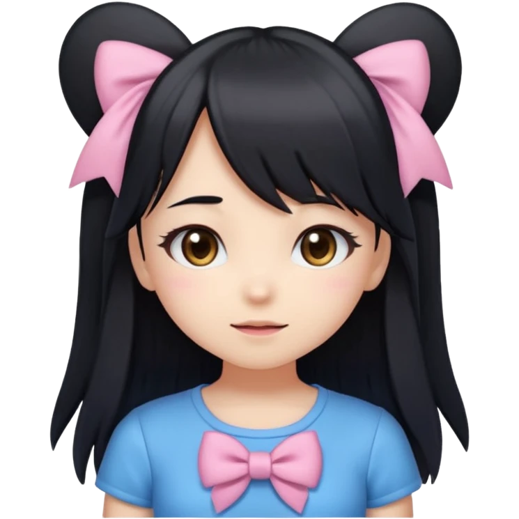 A kawaii-style emoji of a cute anime girl with long, straight black hair, with side bangs, big shiny brown eyes, and soft makeup. She has a small pink bow on her hair and is wearing a pastel blue top but with a Sonic the Hedgehog design printed on it (cute Sonic style). emoji