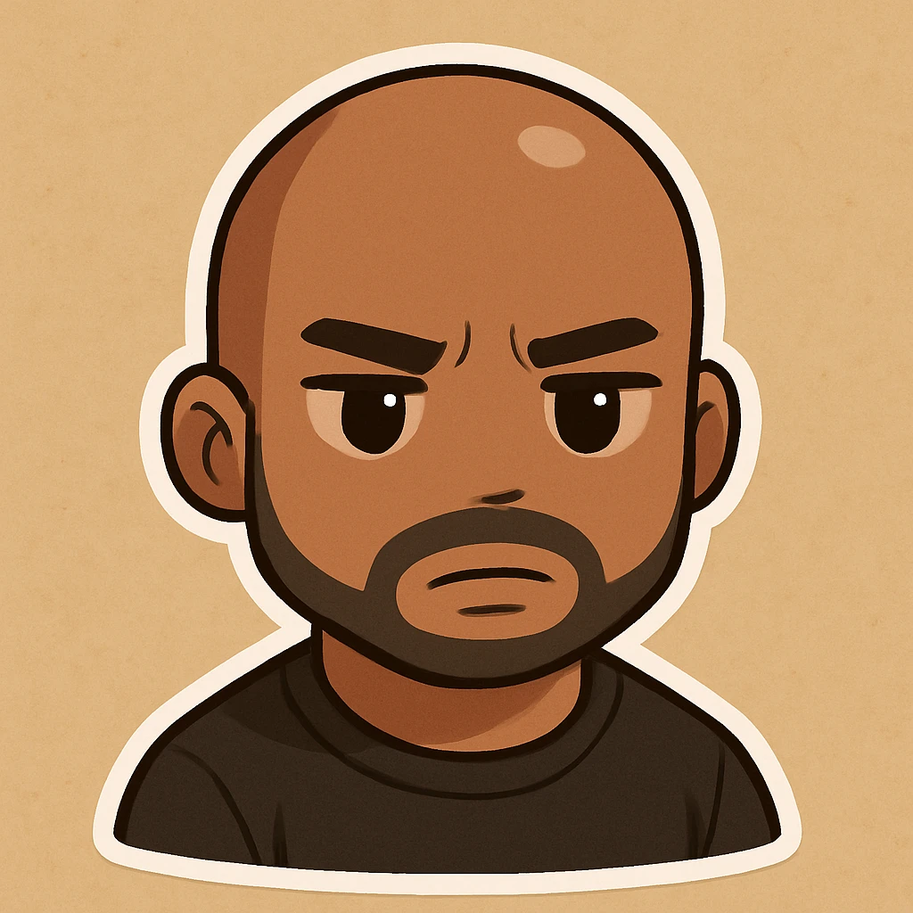 Change the expression to a serious expression, keep the same chibi stickers style and background. emoji