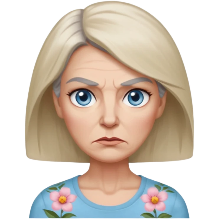 a woman in her 50s with square angry face and bambi light blue eyes and pale tan with rosacea, greyish shoulder length hair and slim face, grey thin eyebrows, thin lips and flower pattern tshirt  emoji