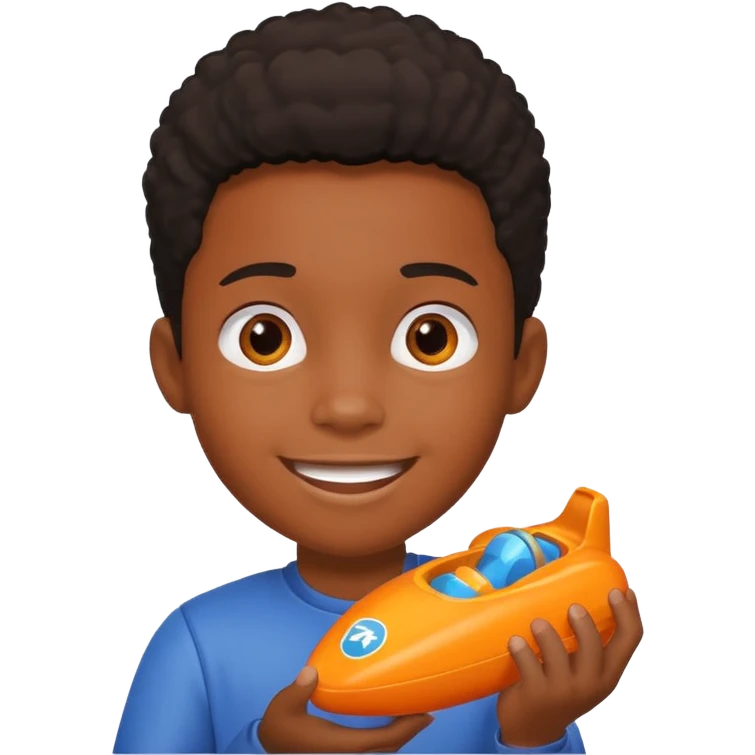 black kid playing orange formula 1 toy emoji