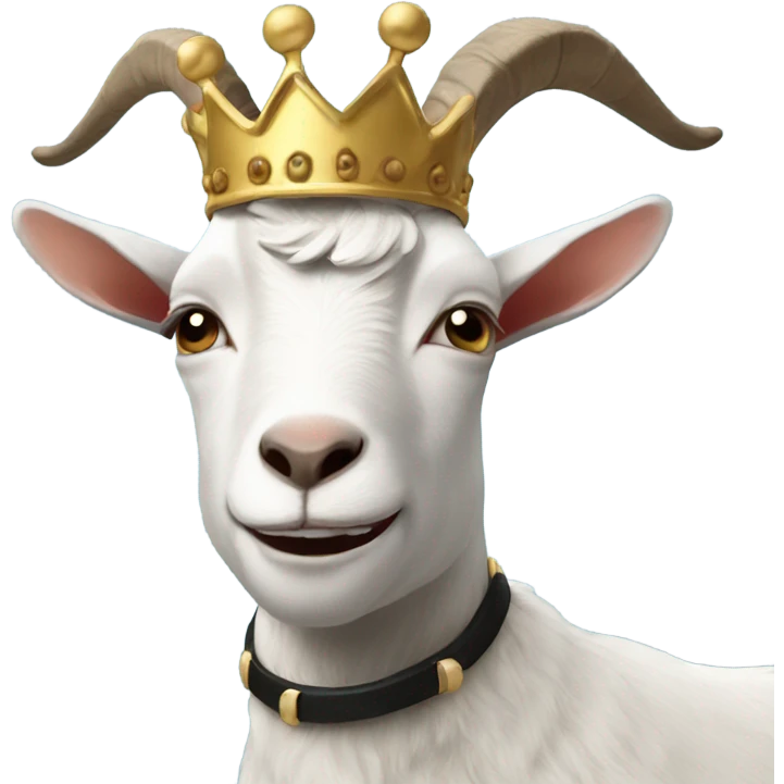 Goat with horns wearing a black sweater and big royal crown emoji