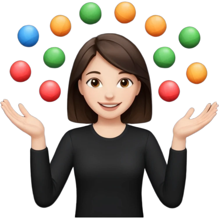 a brunette girl in a black shirt is  juggling  with two hands  emoji