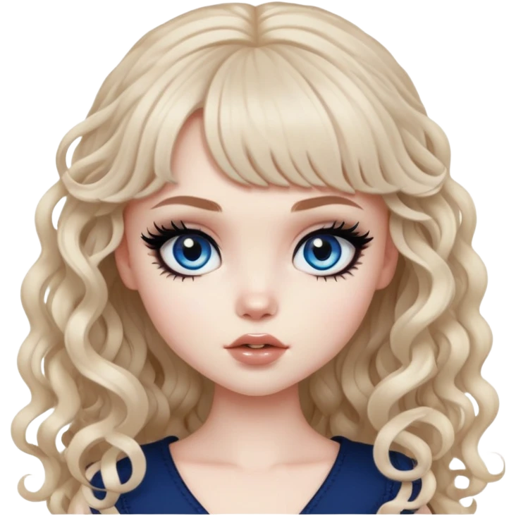 pale skin, bangs long curly brown hair, dark blue eyes, black eyeliner, pretty bratz baddie emoji