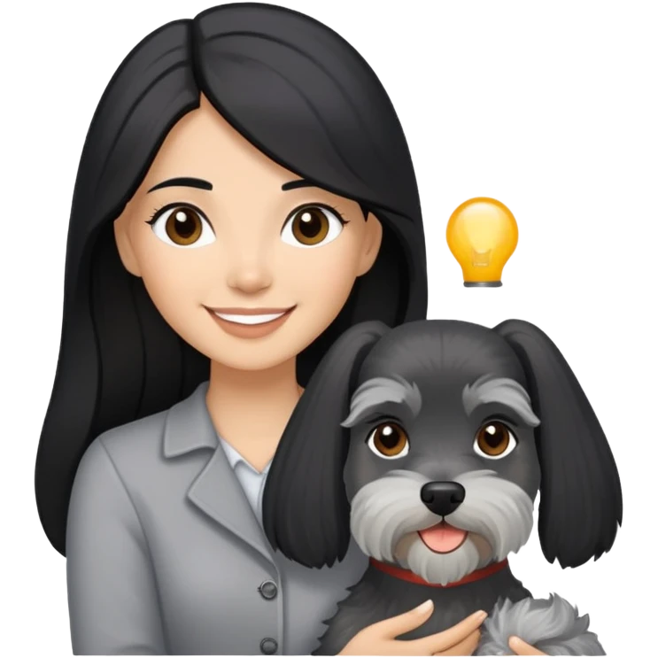 A smilling woman with long black hair holding a light gray Schnauzer emoji