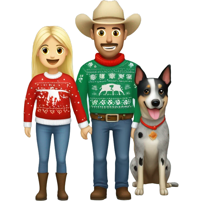 Blue heeler and a blonde girl and cowboy dad all in Christmas sweaters emoji