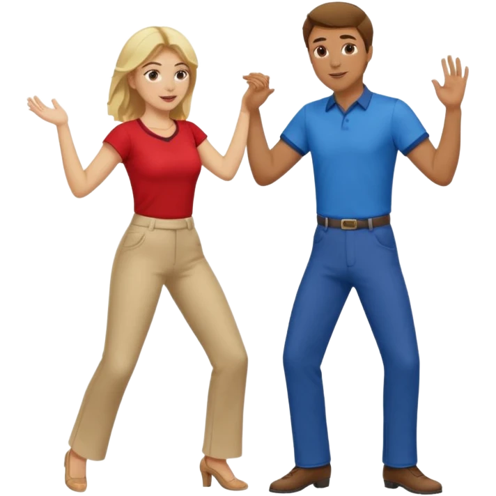 Two people dancing. Man in red shirt and pants with brown hair. Women in blue shirt and pants with blond hair. emoji
