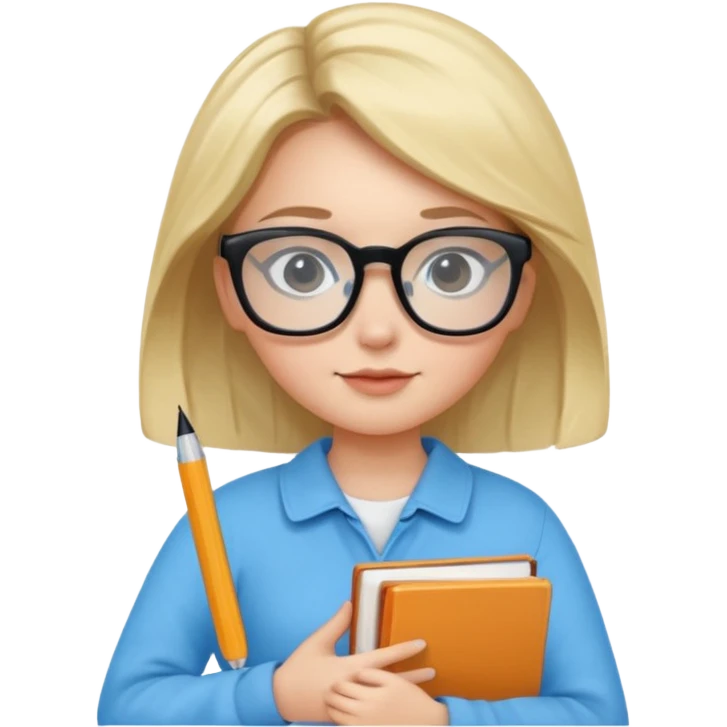 cute girl, glass, smart, Sky-blue colored clothing,
holding a book in one arm and a pen in the other hand.Holding a pen in the right hand as if teaching.Wearing black glasses, with a smart and bright-looking face. emoji