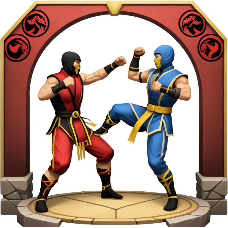 An icon showing two fighters in combat poses, inspired by Mortal Kombat. One character delivers a powerful kick, while the other blocks. The background features an iconic arena from the game with life bars at the top, symbolizing intense battles. Transparent background. emoji