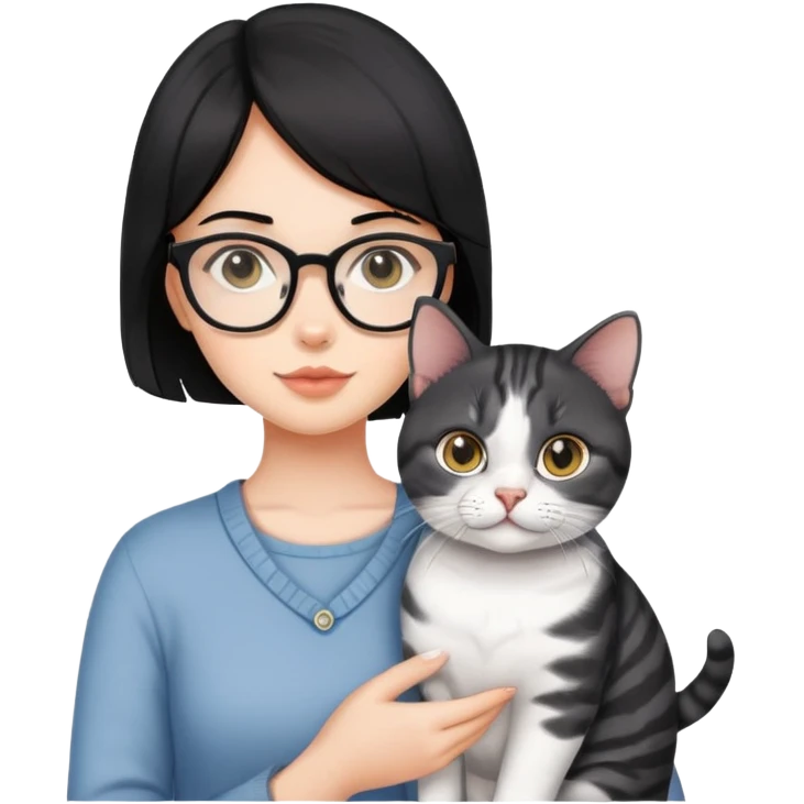 Black haired girl with eyeglasses holding a American shorthair cat emoji