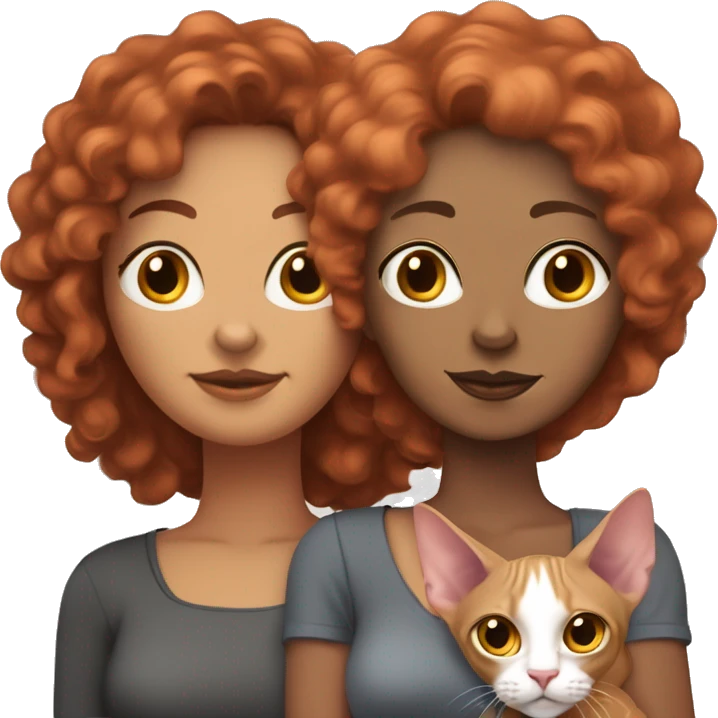 Two lesbians: one with curly red hair and the other with a dark, straight bob. They are holding two sphynx cats, one beige-pink and the other gray. emoji