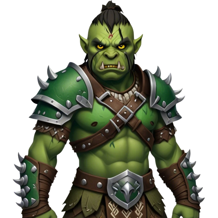 Cinematic Realistic WoW Orc Warrior Portrait, captured in a dynamic, battle-ready stance, muscles bulging beneath intricately detailed tribal armor accented with dark leather and iron. His fierce, determined eyes and battle-scarred green skin are rendered with dramatic natural lighting and high shine, exuding raw, relentless fury in a fierce combat pose. emoji