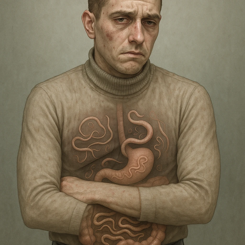 Create a realistic or semi-realistic style image of a 30-year-old man inspired by the reference image. The man should be suffering from multiple illnesses due to intestinal parasites, pale and tired, with an unhealthy appearance. Show visible parasites in the abdomen. Use a medical illustration style and convey a health risk mood. emoji