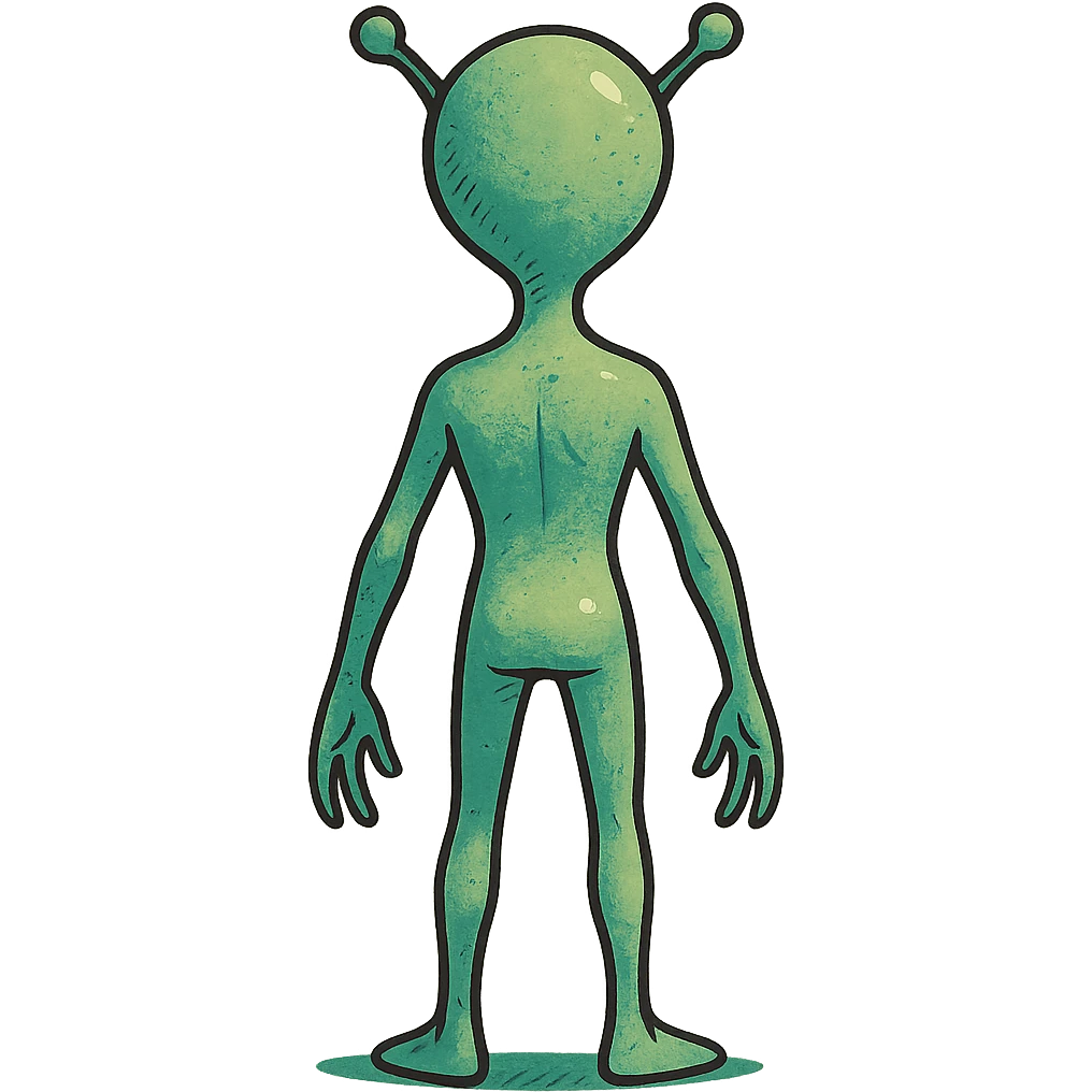 alien standing, back view, stylized illustration, creative design, imaginative style, rear view, character design emoji