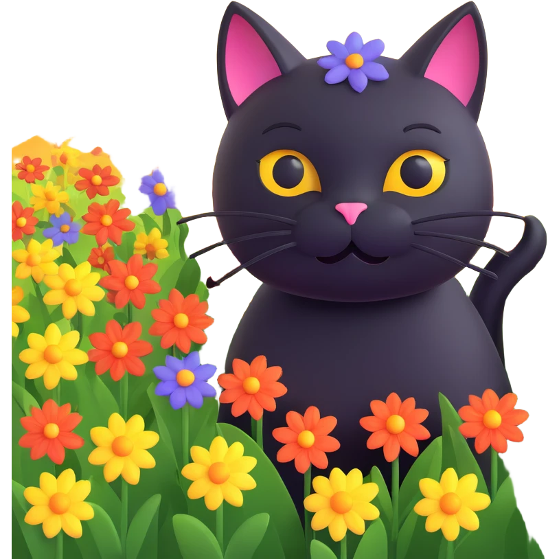 A black cat with a flower on its head in a field of flowers, dark colors emoji