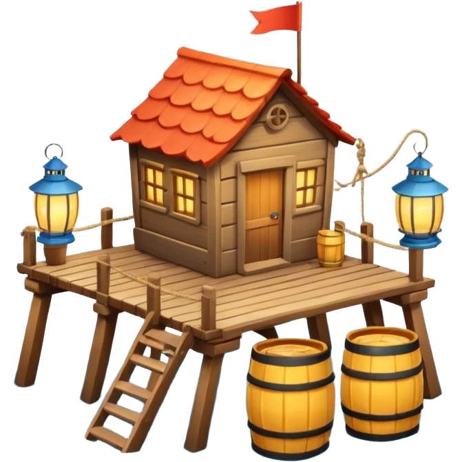 
fisherman house on a wooden pier, small dock, fishing nets hanging, barrels, lantern, ocean vibe, 3D cartoon, cute mobile game icon, clean background, no text
 emoji