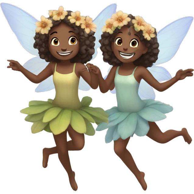 two fairies flying, beautiful, flowers in hair, smiling, aesthetic emoji