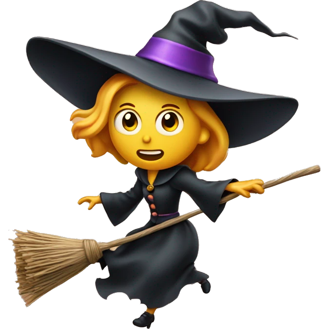 Scarry witch, flying to the left on a broom, throwing candy. emoji