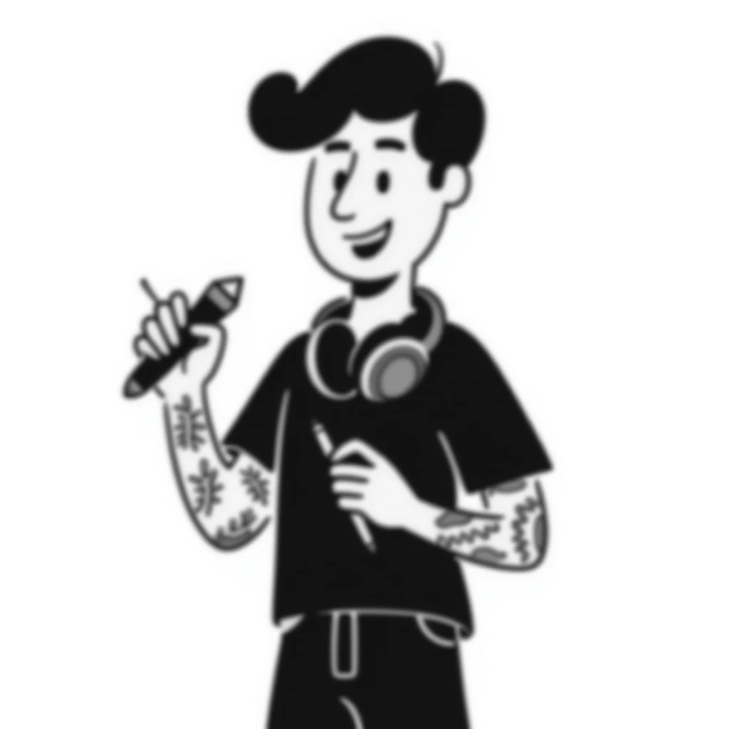 pop musician with stylish short beard, sleeve tattoos, headphones around neck, enthusiastic smile, gripping microphone with left hand and pencil with right hand emoji