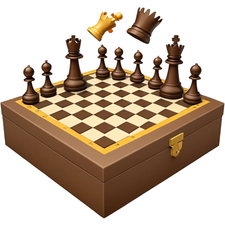 luxury cardboard box open with chessboard partially visible inside, chess pieces flying around scattered, emoji style emoji