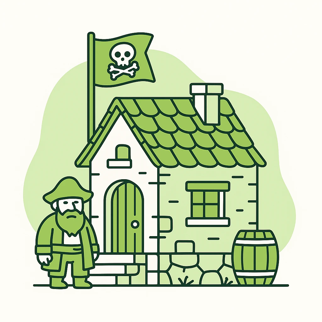 old pirate's house with skull flag emoji