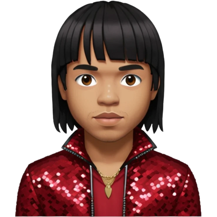 Anderson Paak with long platinum black hair with bang, dark red sequin outfit emoji