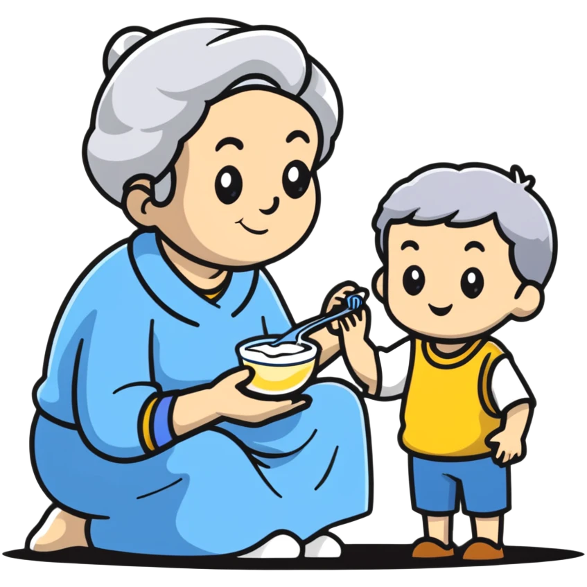 grandmother offering yogurt to grandson emoji