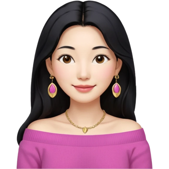 South Korean girl in her mid-thirties with long black hair and a middle part. She is wearing a pink colored, off the shoulder long sleeve knit sweater. She has small gold earrings and a gold necklace. She has brown eyes with narrow, mono lid shape and smiling with lips together emoji