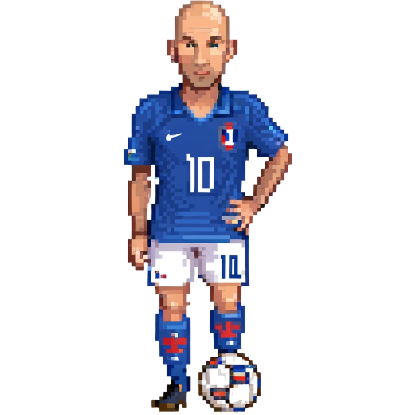 Zinedine Zidane, 1998, pixel art, blue France jersey, number 10, dribbling a soccer ball, minimal background emoji