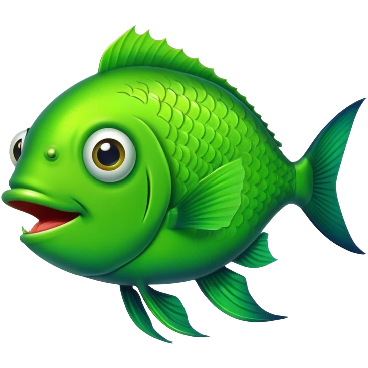 ridiculously stupid bright green fish in side profile facing right, extremely wide eye, gaping mouth open in surprise, looks completely baffled, flat 2D side view only emoji