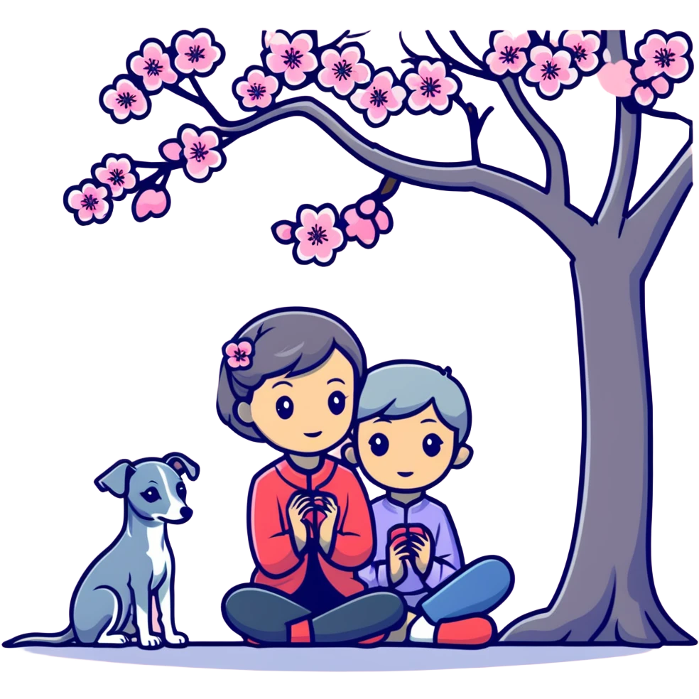 A young Chinese girl and a grey Italian Greyhound sitting under a cherry blossom tree emoji