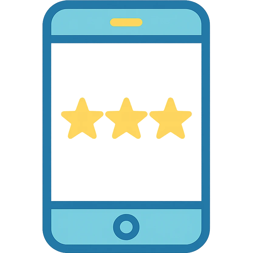 Smartphone icon with three yellow stars aligned in a row on the screen, flat emoji style, outline with blue and turquoise colors, screen filled solid white emoji