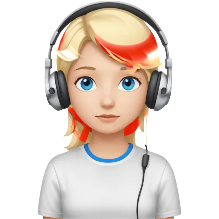 girl with blonde hair and blue eys, having on ears heaphones, with heands telling what, with white shirt emoji