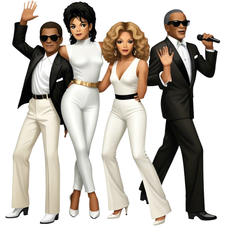 Icon for R&B Music: a collage of iconic R&B artists—Michael Jackson, Beyoncé, Whitney Houston, and Ray Charles. Each artist is depicted in a dynamic, energetic pose, reflecting their unique contribution to the genre. Transparent background. emoji