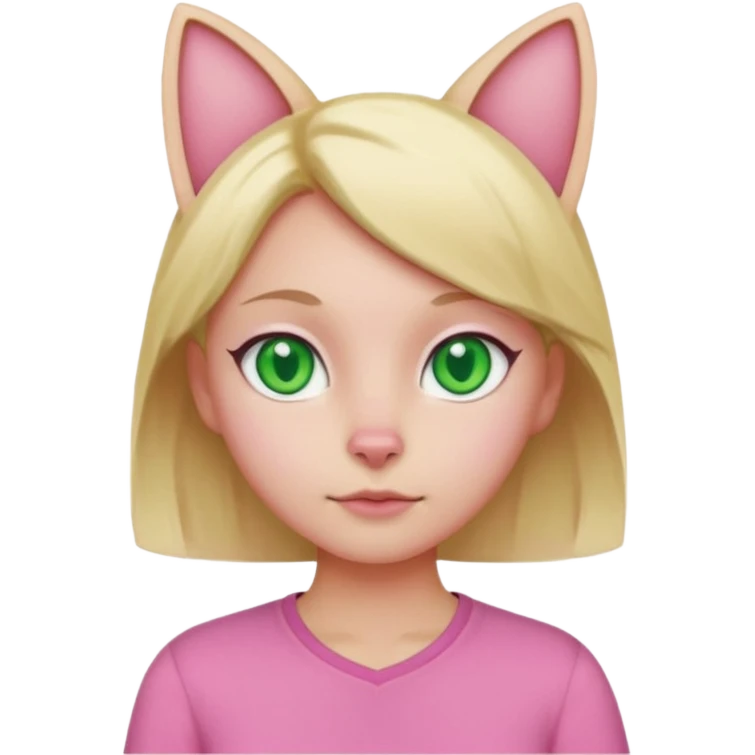 Squareded Ears Pink Skin Green Eyes Cat Shaped Pupils Heart Shaped Forehead Blonde Haired Pink Shirt  emoji