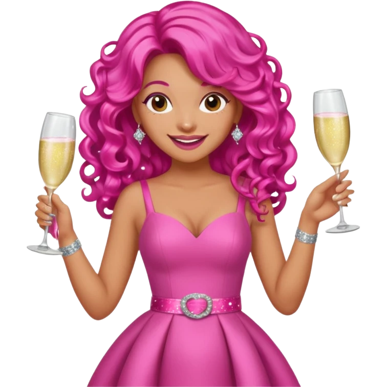One lady with long hot pink curled hair and tan skin wearing a pink dress with sparkly belt holding a glass of pink champagne in each hand smiling cheerfully  emoji