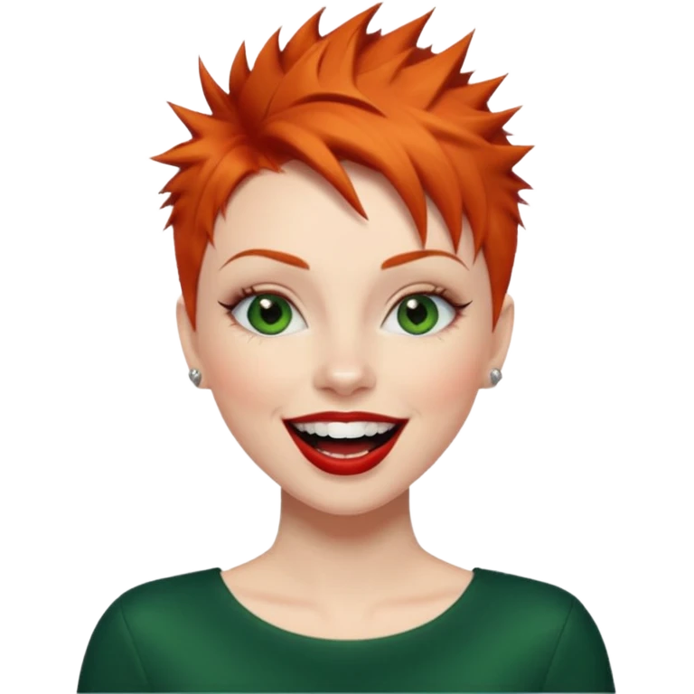 Short spikey Ginger hair, green eyes, black long eye lashes large red lips White woman laughing emoji