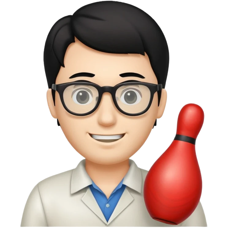Bowling pin with a human face of a guy with black hair and glasses emoji