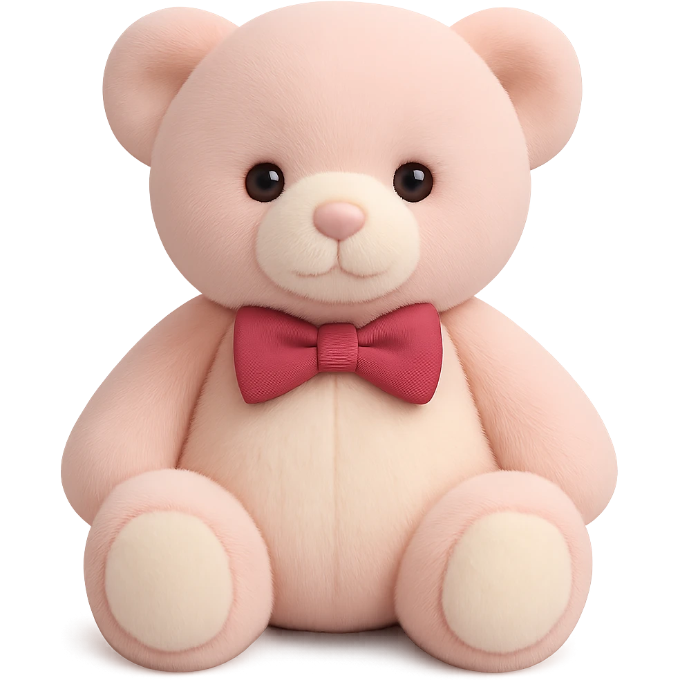 Add a bow tie to the teddy bear, keeping the pink and white fur, flat lighting, no shadows or background, soft plush look, maintain transparency. The style should reflect a soft plush teddy bear with flat lighting and no shadows, isolated on a transparent background. emoji