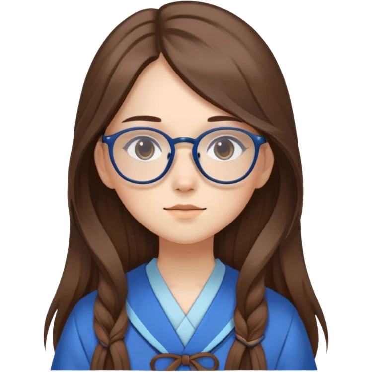 A girl with a blue and brown mori kei outfit, make her hair long and silky with the color brown. Also add glasses emoji