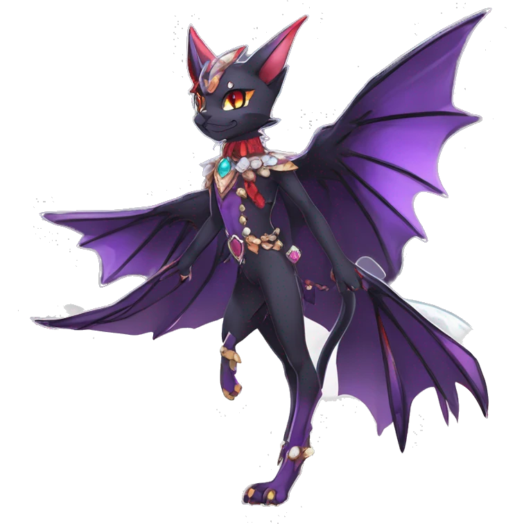 cool kawaii anime-cartoon edgy distinguished ethereal elegant beautiful fantasy black purple red ethereal fantasy nargacuga-Noivern-cat-Quiana-Fakemon collar harness moon gem jewels full body emoji