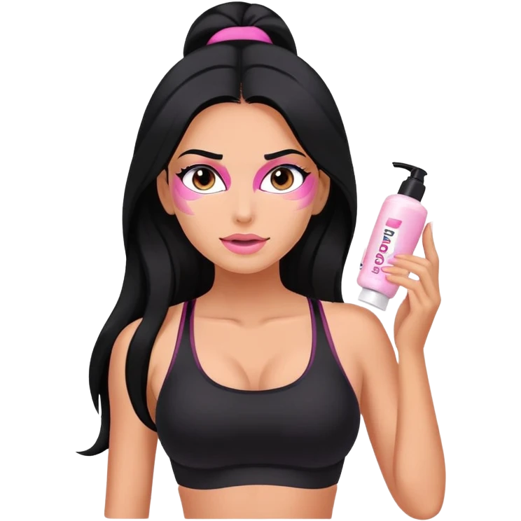 beauty routine, spa, pink face cream, long black hair tanned woman, black sports bra, sexy, hot  emoji