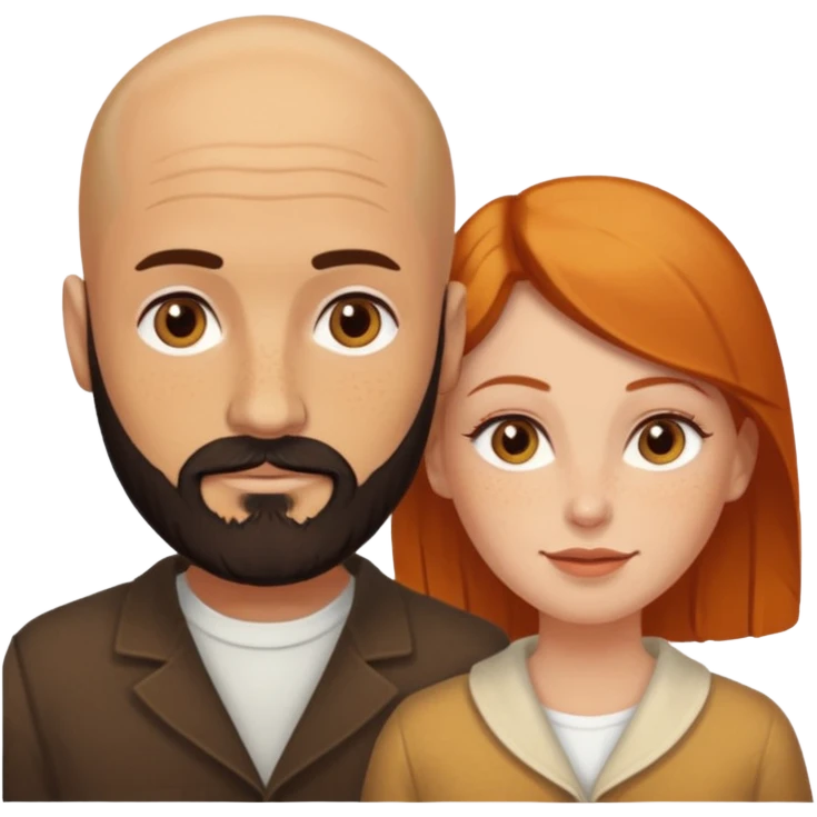Couple. Bald man with dark brown-black beard. White woman with many small, faded freckles, she has white skin and she has auburn-yellow-brown-cinnamon, dark hair. She has light orange-brown eyes. The man have hazel eyes. Retro style. emoji