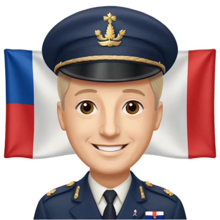 Charles de Gaulle emoji smiling with French flag background, wearing kepi hat emoji
