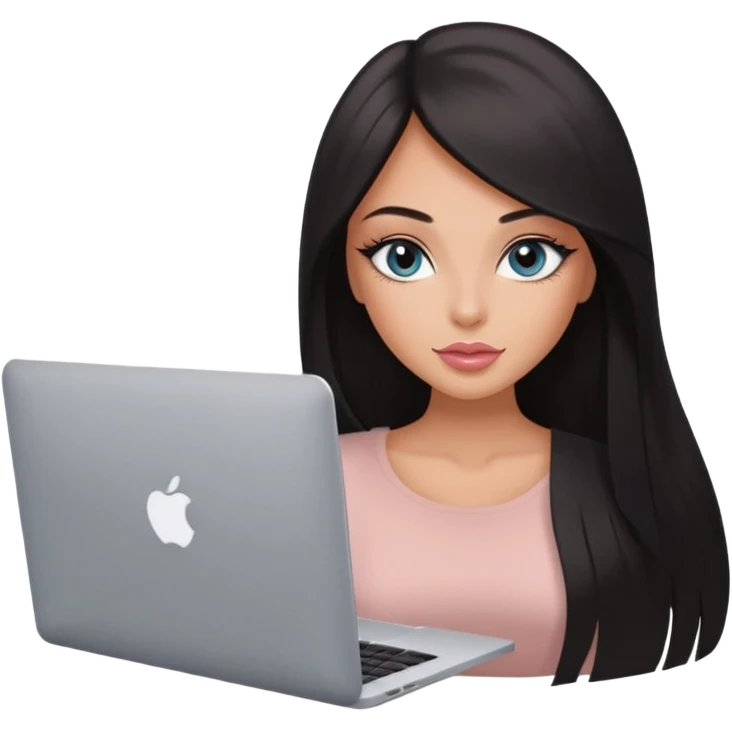 Glamours, tanned, very beautiful girl, with big pump peach-beige-rose lips, eyeliner, long long lashes, black straight smooth silky long hair, straight parting hair, blue-grey eyes with macbook emoji